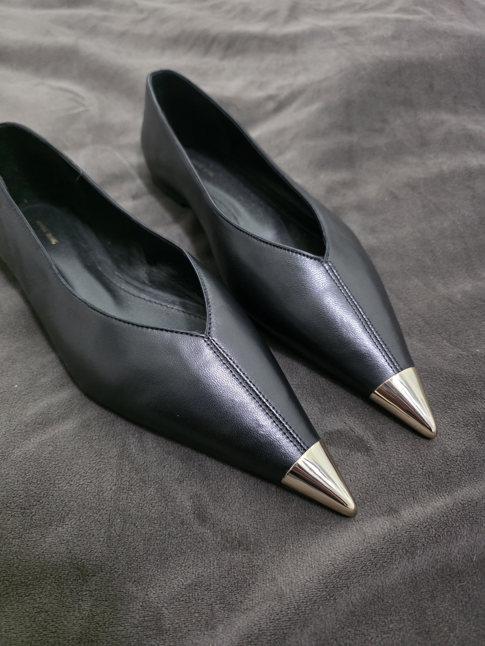 Anine Bing Black Leather Flats with Gold Toe Caps- NEVER WORN - Picture 3 of 4